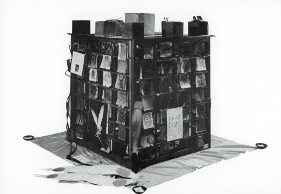 《のぞけプサイ亀を翼ある密軌を》1962年、木・紙・ガラス・金属・写真・デッサン、個人蔵