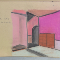 武者小路千家官休庵 早稲田時代京都に通った際に残したスケッチ。後の作品を思わせる美しいピンク色。 代替テキストです